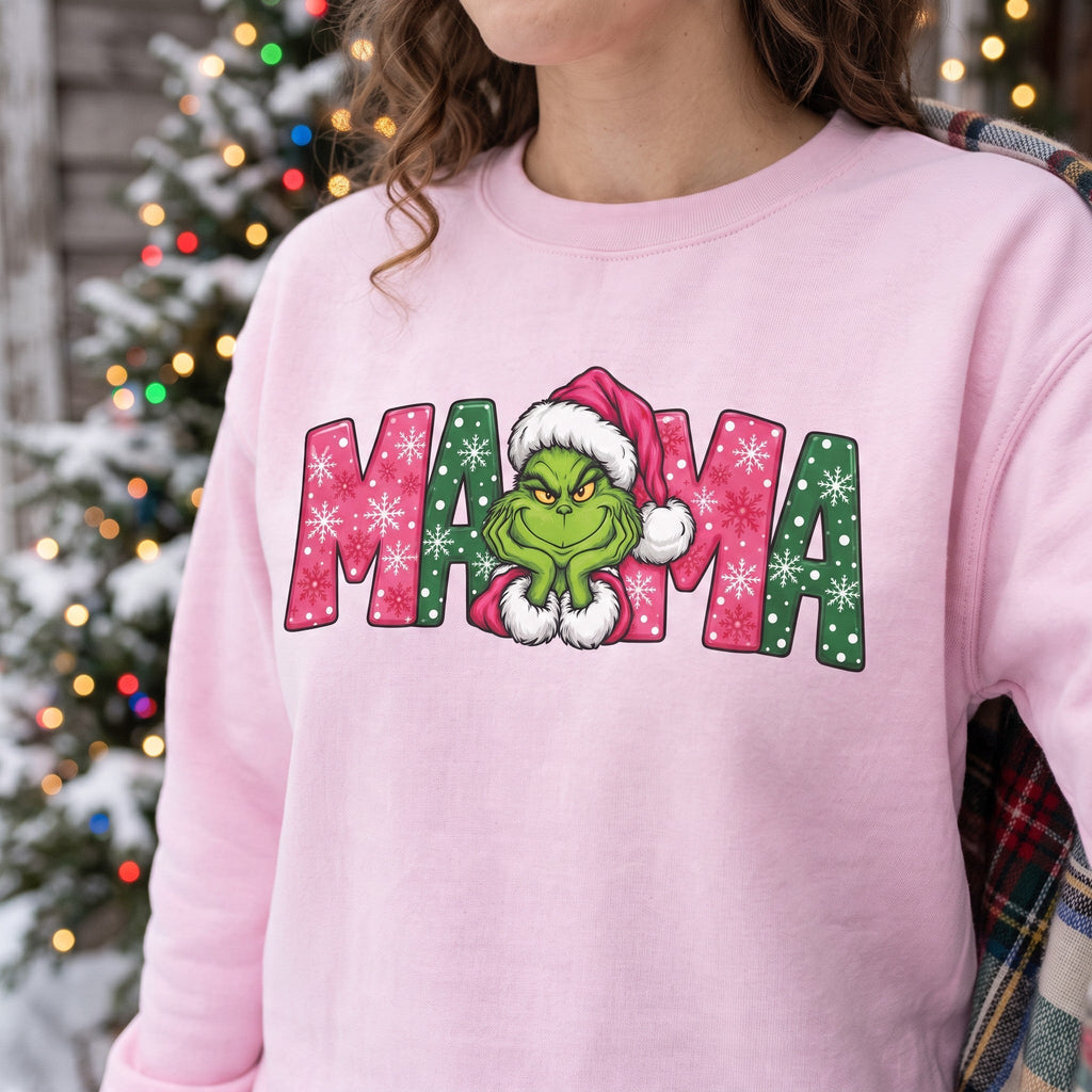ChalkboardxChaos pink Grinch MAMA sweatshirt with festive green and pink snowflake lettering and Santa hat design.