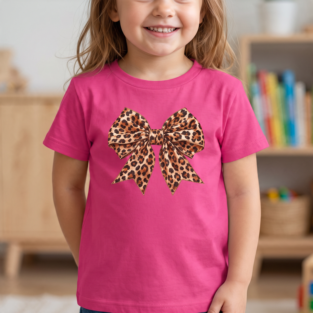 ChalkboardxChaos pink short-sleeve t-shirt for girls featuring a large leopard print bow graphic on the front