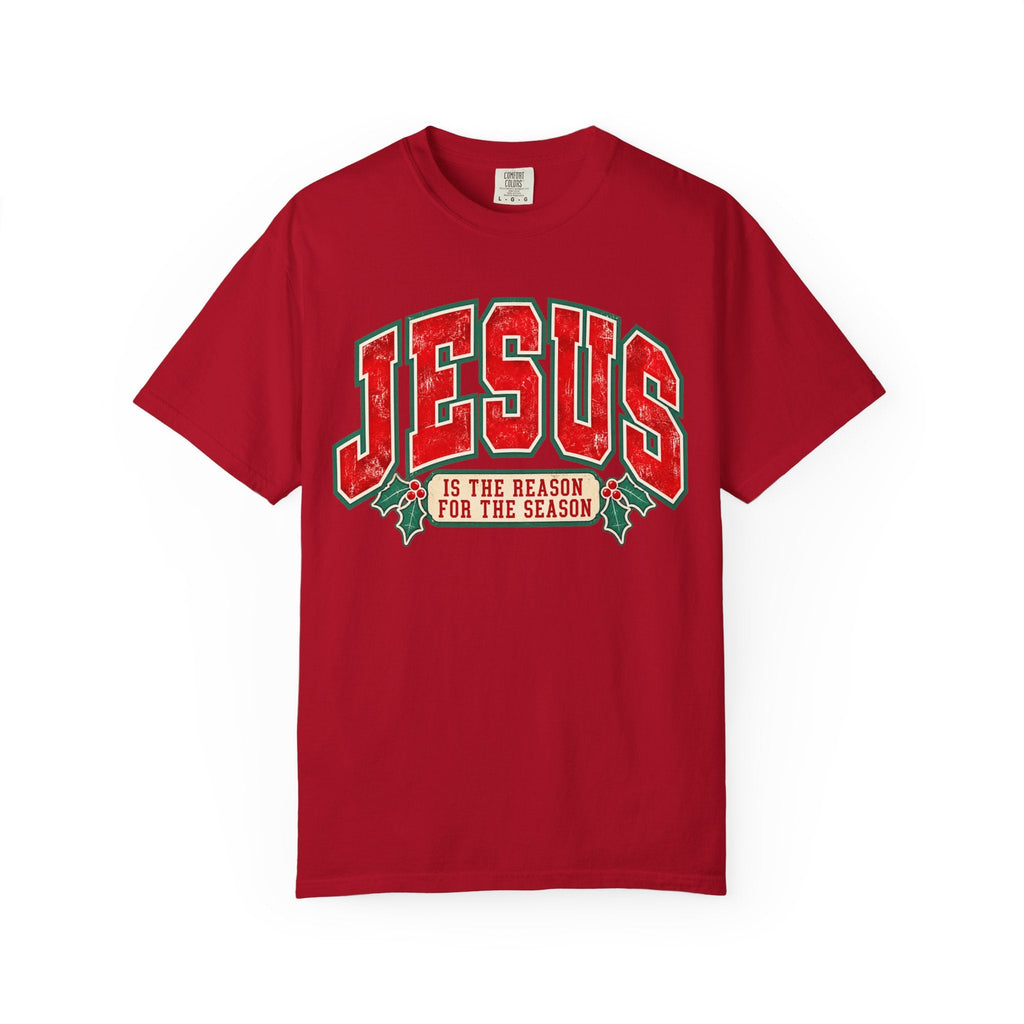 ChalkboardxChaos red Comfort Colors 1717 graphic tee with vintage Jesus Is the Reason for the Season Christmas print
