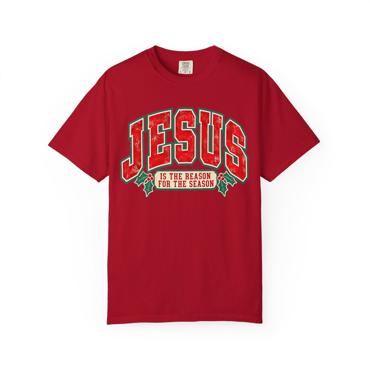ChalkboardxChaos red Comfort Colors 1717 graphic tee with vintage Jesus Is the Reason for the Season Christmas print
