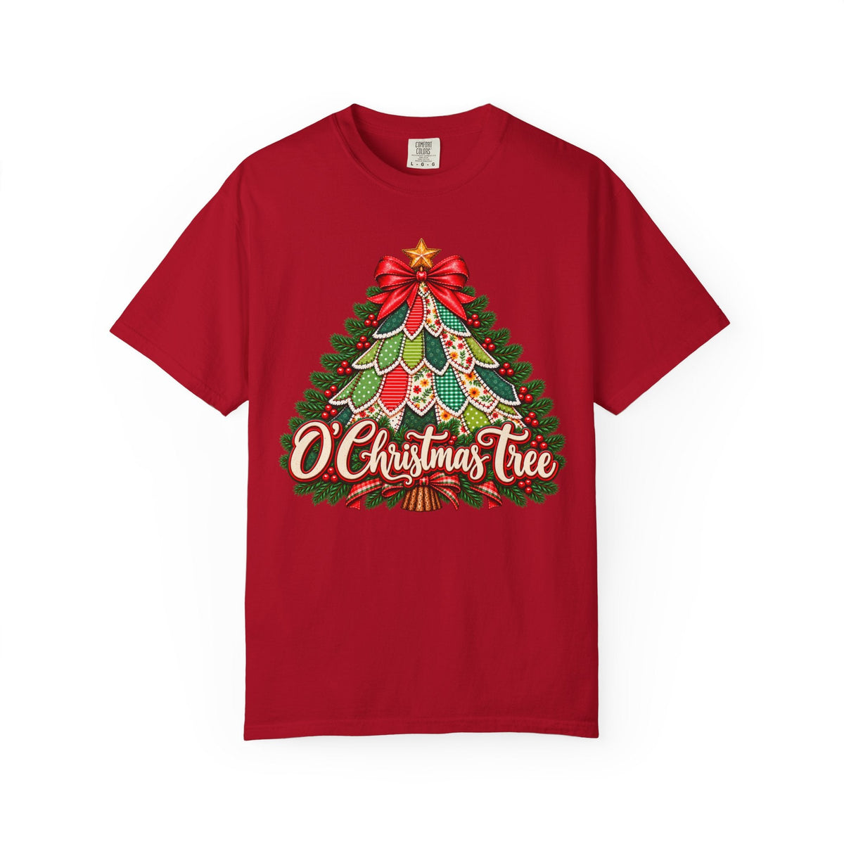 ChalkboardxChaos red Comfort Colors cotton t-shirt featuring a vintage patchwork Christmas tree graphic and bow.