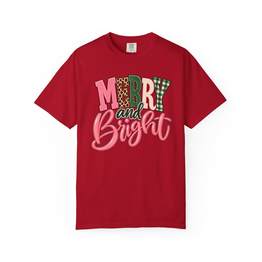 ChalkboardxChaos red Comfort Colors unisex tee with Merry and Bright graphic in pink, leopard print, and green plaid.