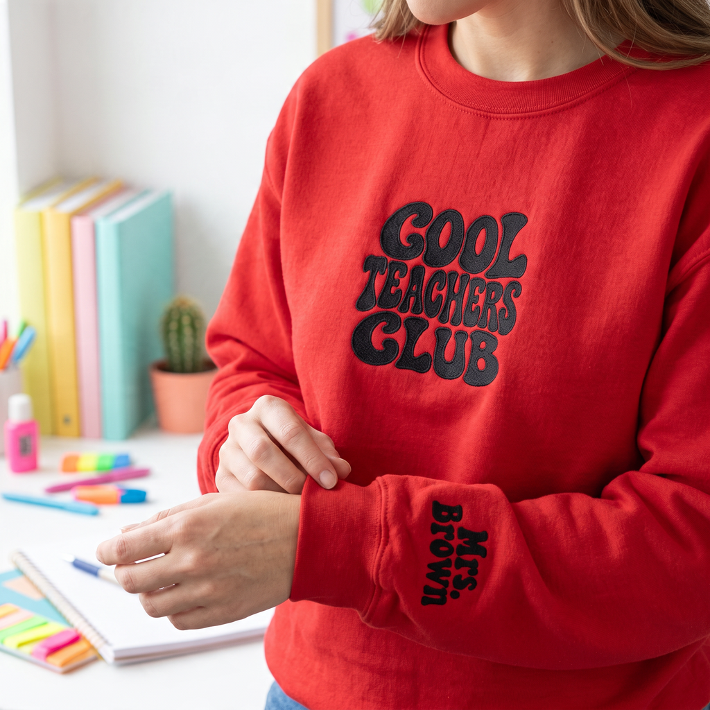 ChalkboardxChaos red sweatshirt with Cool Teachers Club embroidery and personalized name on the wrist