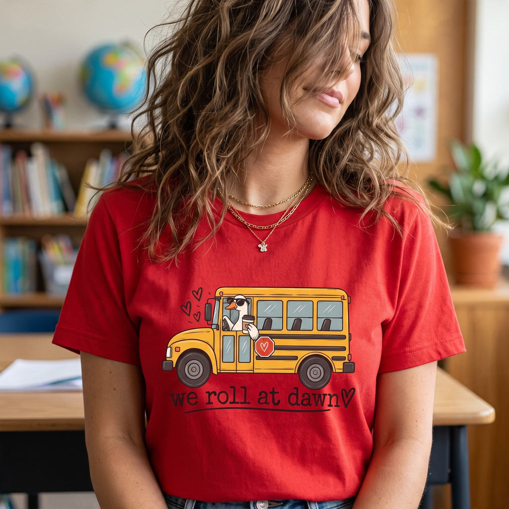 ChalkboardxChaos red teacher t-shirt featuring a yellow school bus graphic with a coffee-drinking driver and hearts.