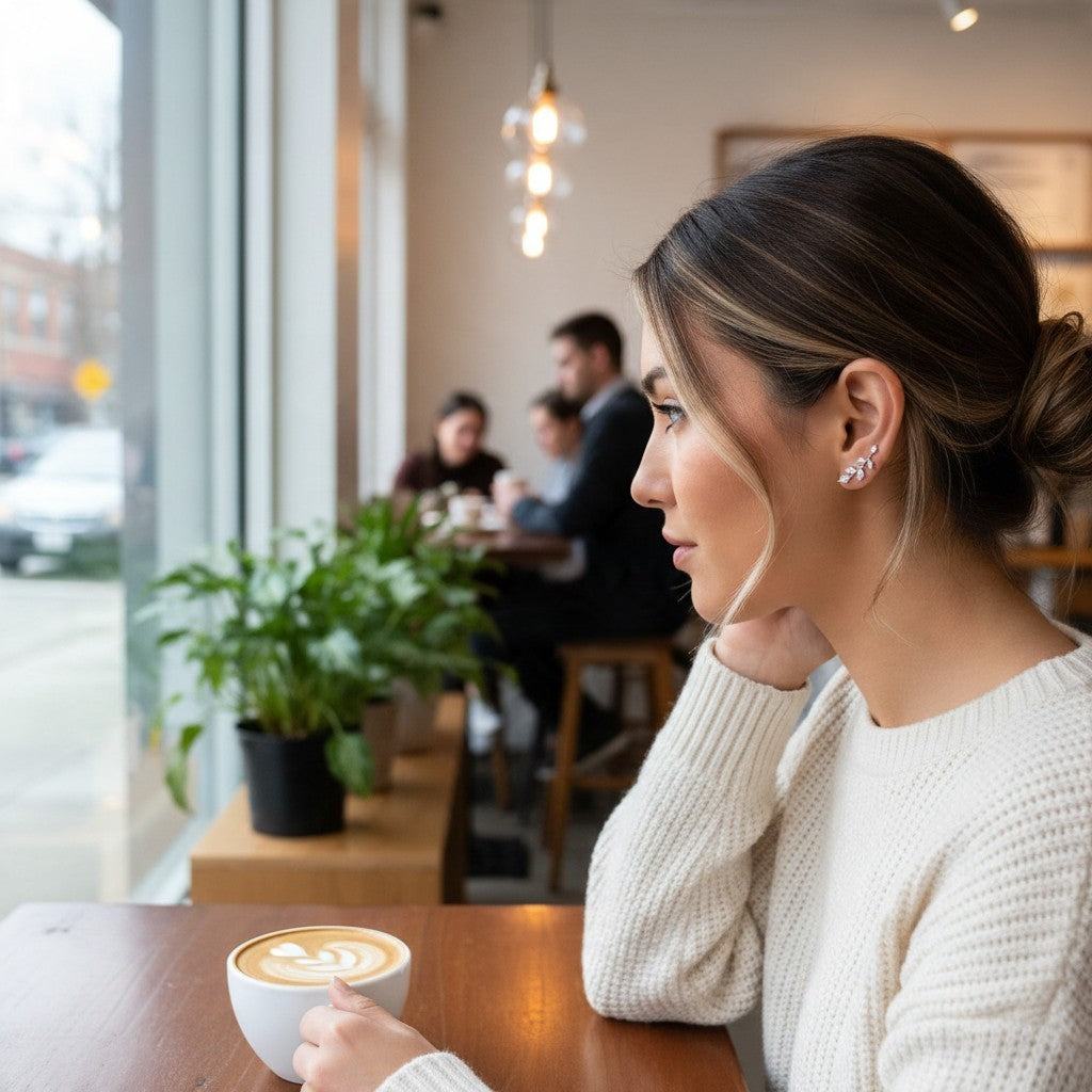 ChalkboardxChaos silver crystal leaf branch earrings worn by a woman in a cafe with a latte