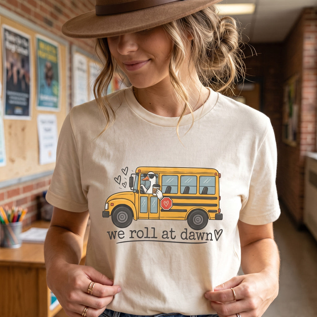 ChalkboardxChaos teacher t-shirt in cream with a yellow school bus graphic and We Roll at Dawn text on a woman