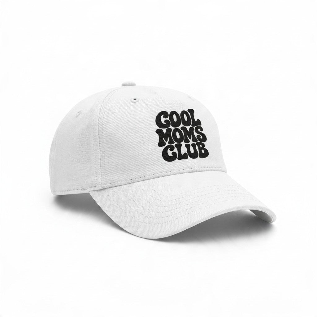 ChalkboardxChaos white baseball cap with Cool Moms Club embroidered in a black retro font on a white background.